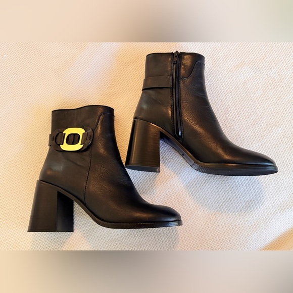 SEE BY CHLOE Chany Gold Buckle Black Leather Heeled Ankle Boots Booties Shoes - Picture 7 of 16